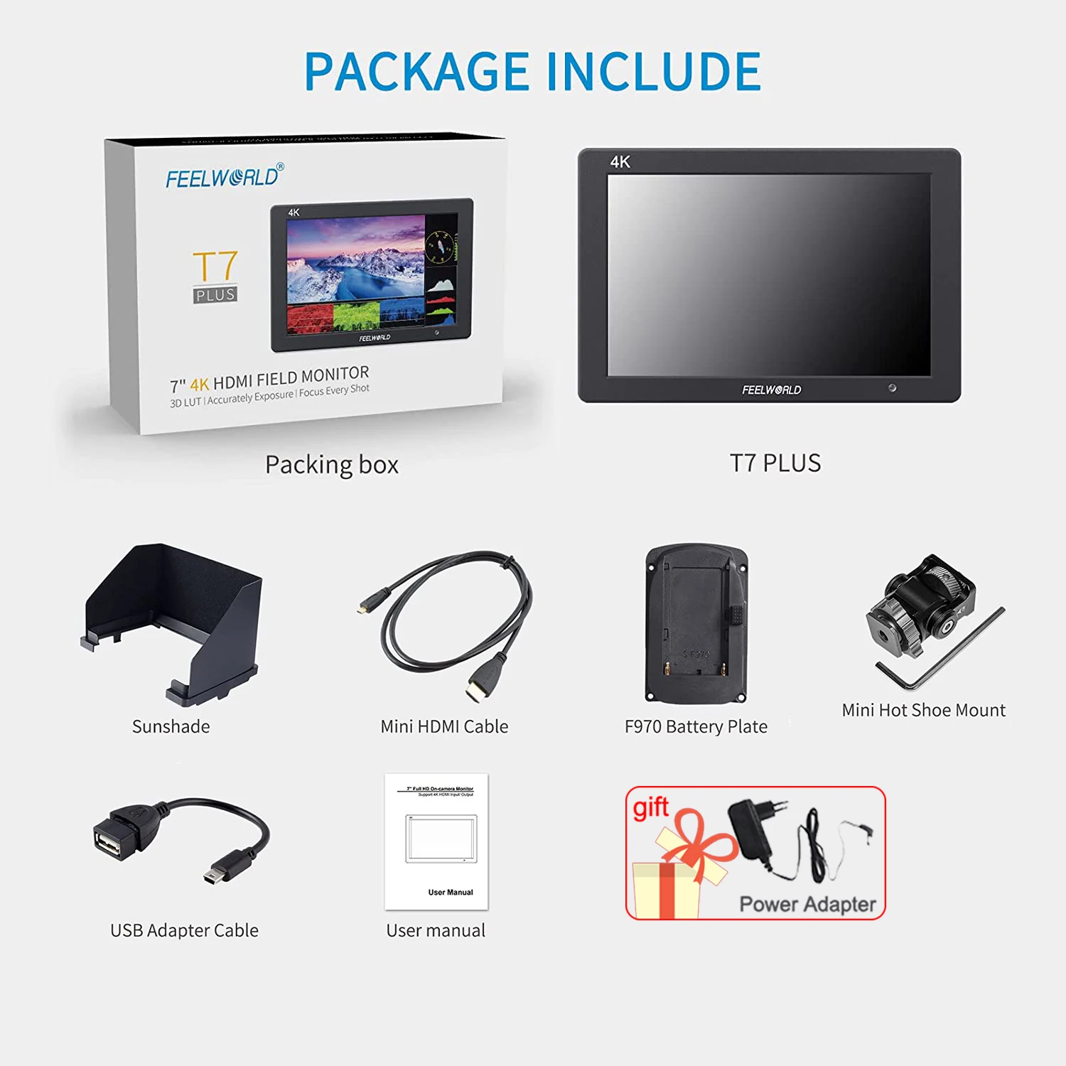 FEELWORLD Monitor T7 PLUS 7 Inch 3D LUT On Camera Field DSLR Monitor 4K HDMI Full HD 1920x1200 IPS Waveform Vector Aluminum Camera Monitor