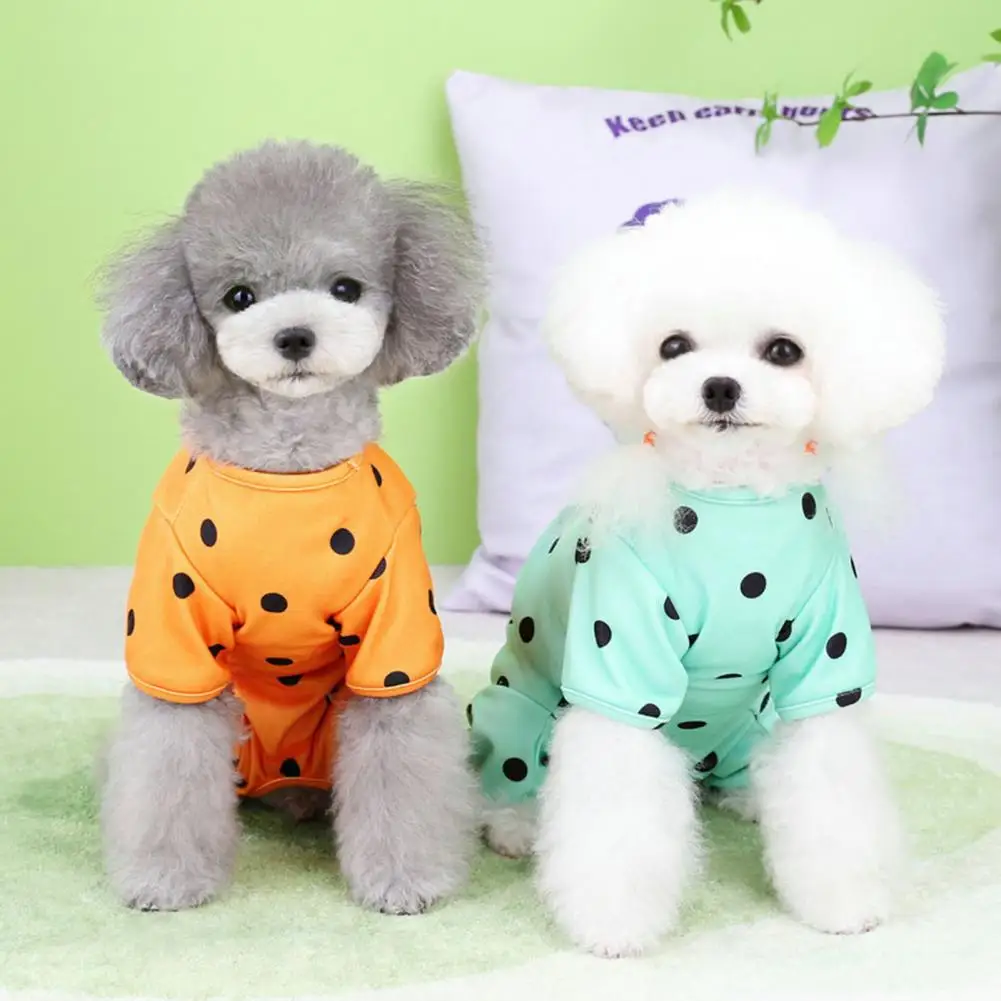 예쁜 반려동물 점프수트, 밝은 색상 반려동물 바디수트, 라운드넥 원피스 폴카 도트 강아지, 네 다리 옷, 데일리 여름 의류