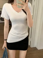 WhiteV-Neckshort manches T-Shirt femme décontracté coupe ample taille ajustée haut Style coréen fibre de Polyester vêtements d'été 3