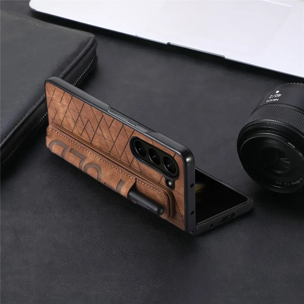 Wrist Strap PU Leather Cover for Samsung Galaxy Z Fold 6 5 4 3 5G Hard PC Phone Case with S Pen Holder & Finger Grip(no Pen) | Gaffar India
