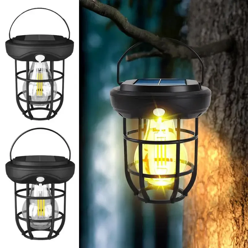 Solar Bulb Lantern Retro Style Hanging or Wall Mounted Solar Decor Light Iron Art Creativity Waterproof E27 Bulb Light