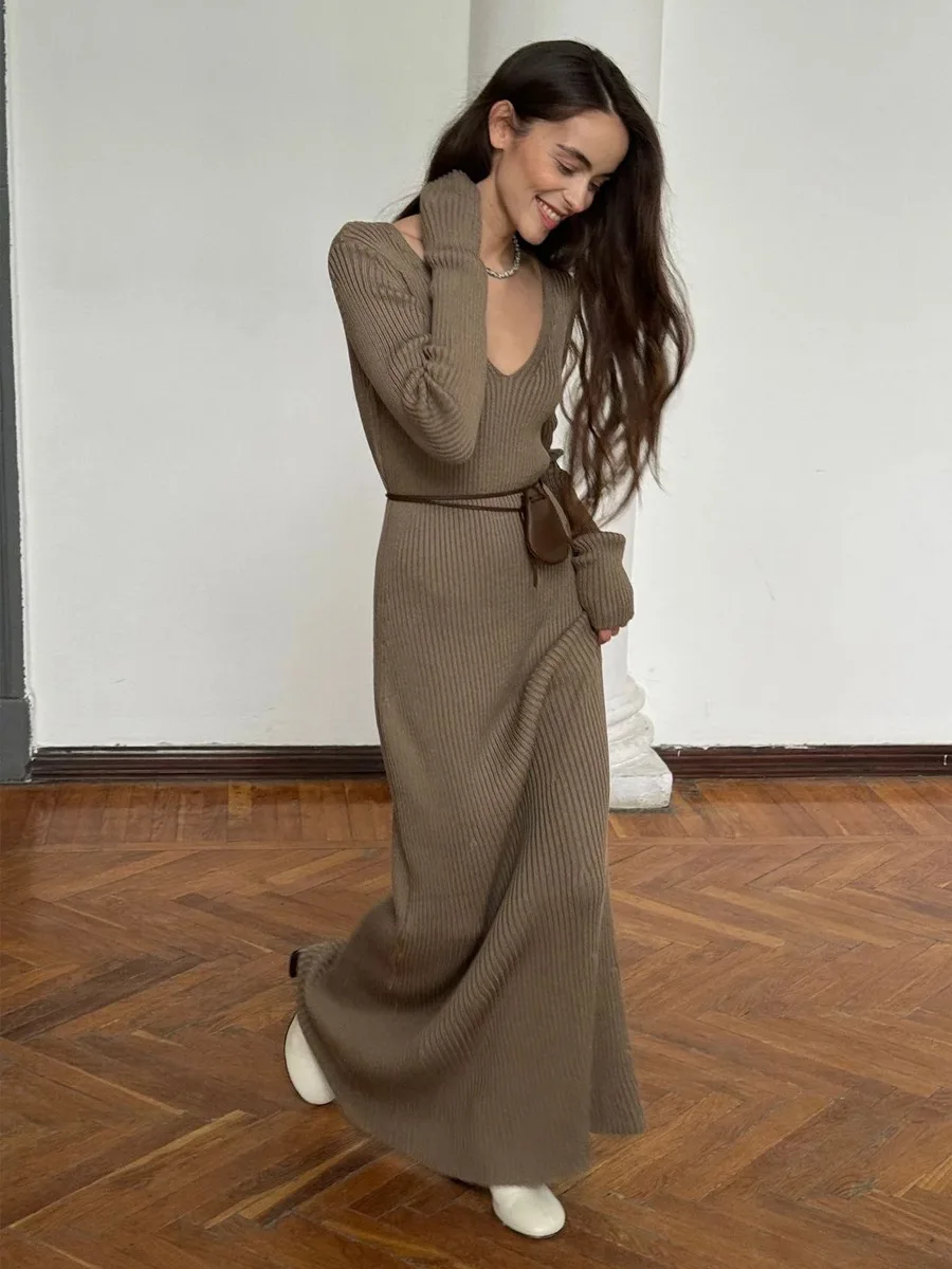 Bornladies New Women Solid Color Long Sleeve V neck Slim Bodycon Knitted Maxi Dress Trendy Elegant Fashion Dresses