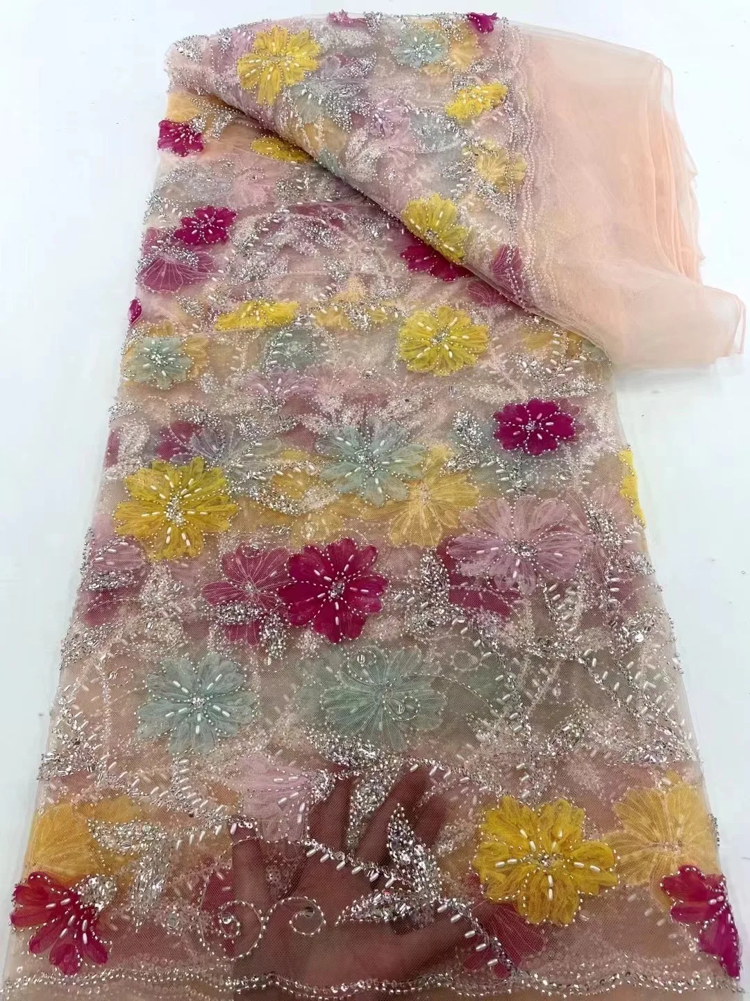 

Новейшая французская 3D Цветочная кружевная ткань с блестками 2024, высококачественные нигерийские блестки, бусины, кружевная ткань с свадебной вышивкой HXH5943