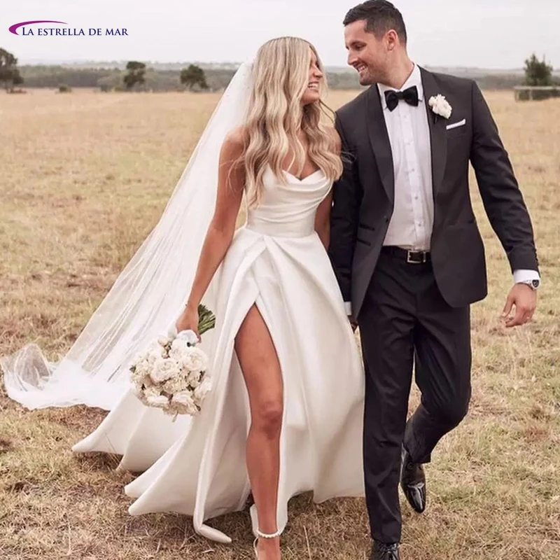 

Off The Shoulder Wedding Dress Satin Split Women Bride Gowns Country Vestido Novia Civil Sweep Train Female Hochzeitskleid Plus