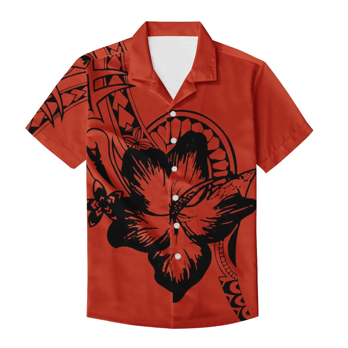 2022 Men's Short Sleeve Black Grey Print Cuban Stand Collar Shirt Plus Size Tribal Polynesian Vintage