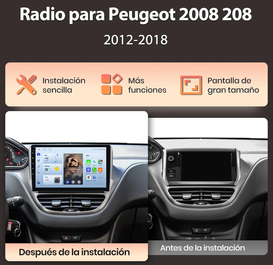 Junsun Autoradio für Peugeot 2008 208 2012-2018, kabelloses CarPlay, Android Auto, intelligente Systeme, IPS-Touchscreen, DSP, GPS-Navigation, WLAN, DAB+, RDS, FM/RAM, BT, SWC, Plug-and-Play, 2DIN, WLAN, 4G, Multimedia-Stereoanlage – Detail 4