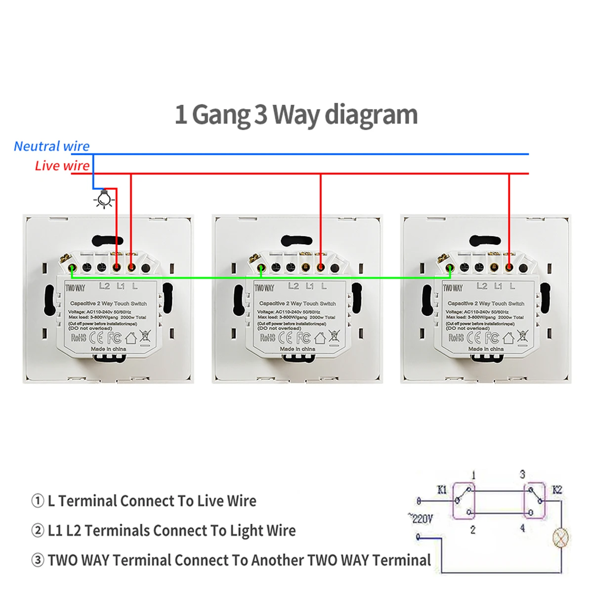 Сенсорный выключатель UBARO Eu 86 Series 1Gang 3Way Touch Dual, панель из закаленного стекла, сенсорный переключатель для лестниц, спальни, сменные переключатели 220 в 2000 Вт (art.: 3920c50be63cb) - 3920c50be63cb