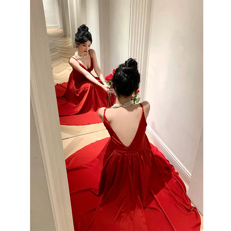 Sexy Spaghetti Strap Evening Party Dress V-neck A-line Solid Vintage Long Dresses for Women Wedding Prom Robe One Piece Vestidos