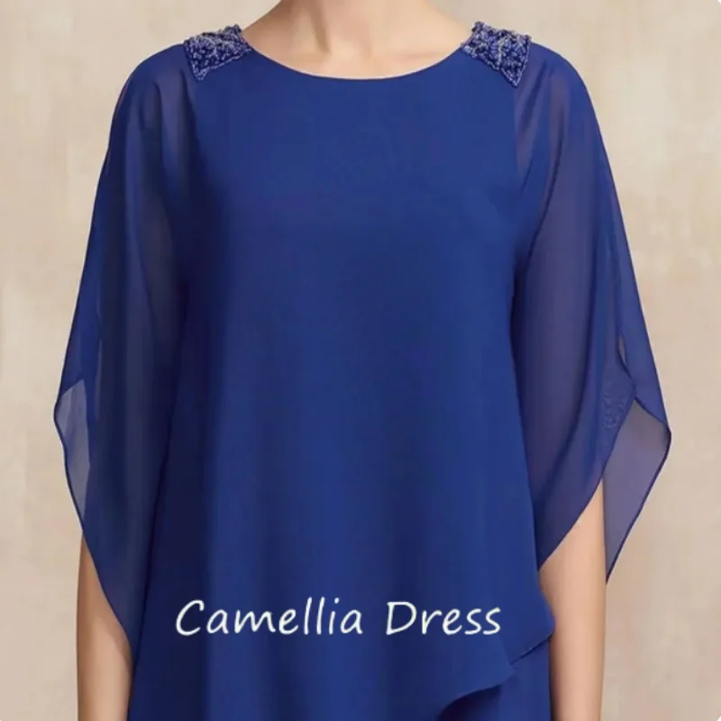 Elegant Mother of the Bride Dresses Zipper Beaded Tea Length Chiffon Party Dresses Back Simple O Neck