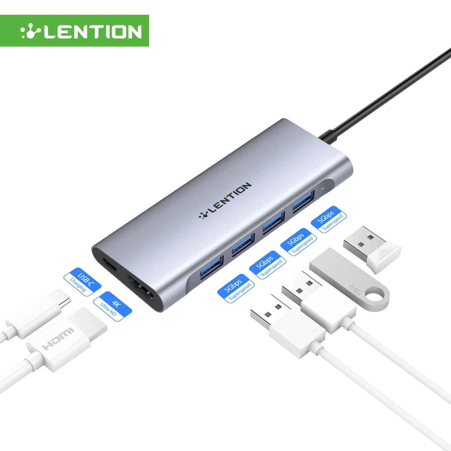 Long Cable Usb C Multiport Hub With 4k Hdmi, 4 Usb 3.0, Type C Charging