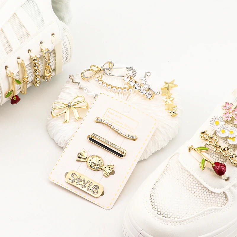 4PCS/Set Shoelaces Charms for Sneakers Shoelaces Clips Decorations Faux Pearl Casual Metal Rhinestone Shoe Buckle for Girl