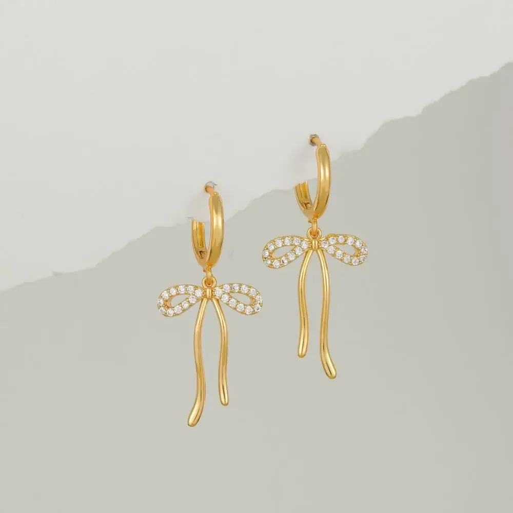 Bowknot Drop Earrings 18K Gold Plated Small Circle Zircon Hoop Huggie Earring Cute Bow Knot Charm Girls's Ear Jewelry Pendientes