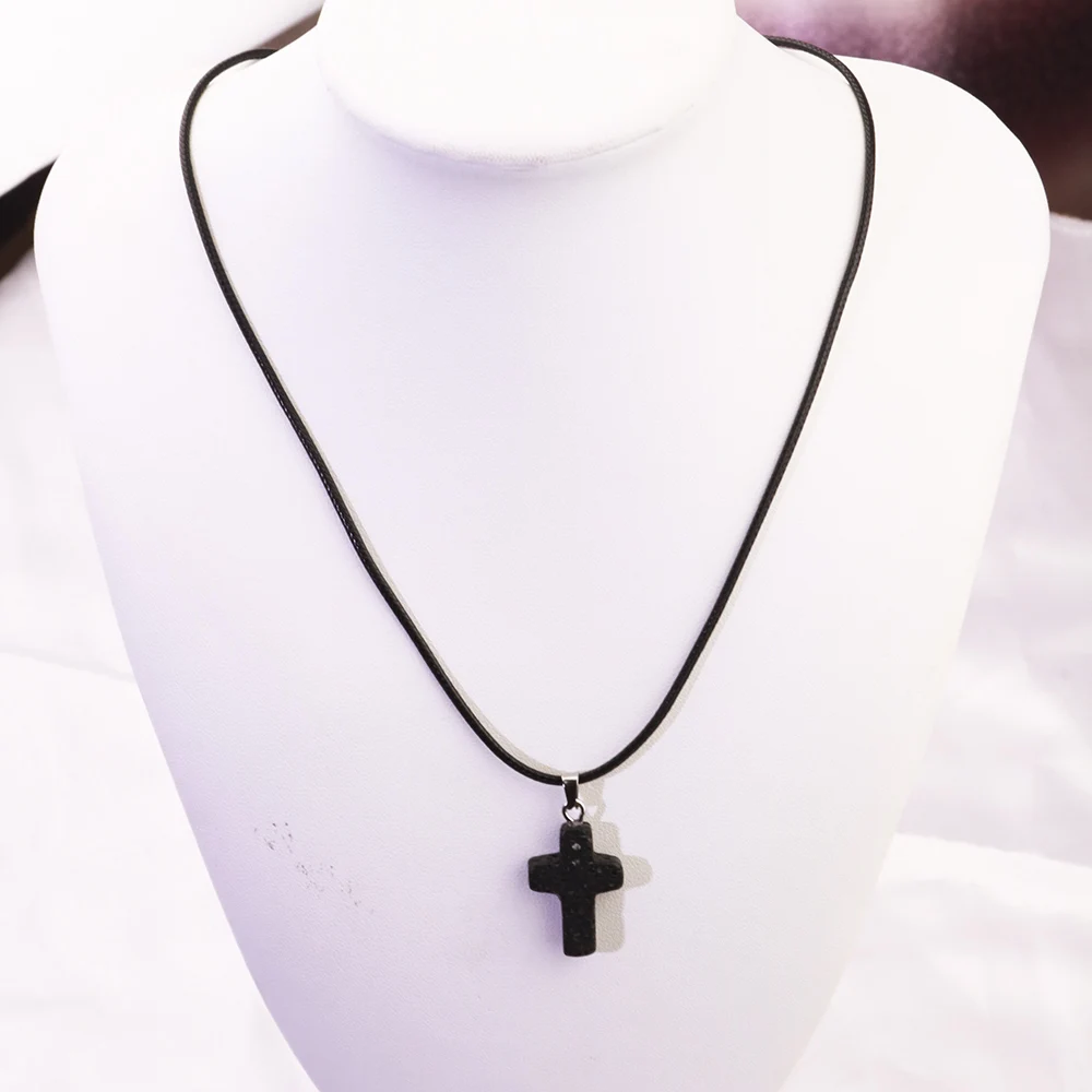 Black Lava Stone Cross Charms Necklace Aromatherapy Essential Oil Perfume Diffuser Pendant Pu Chain Necklace