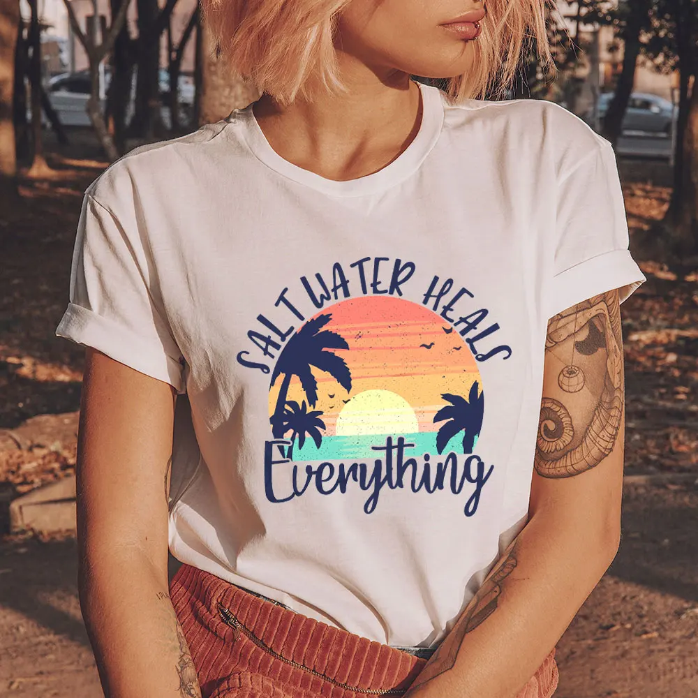 

Salt Water Heals Everything Vacation Shirt 100%Cotton Women Tshirt Funny Summer Casual Short Sleeve Top Holiday Tee Travel Shirt