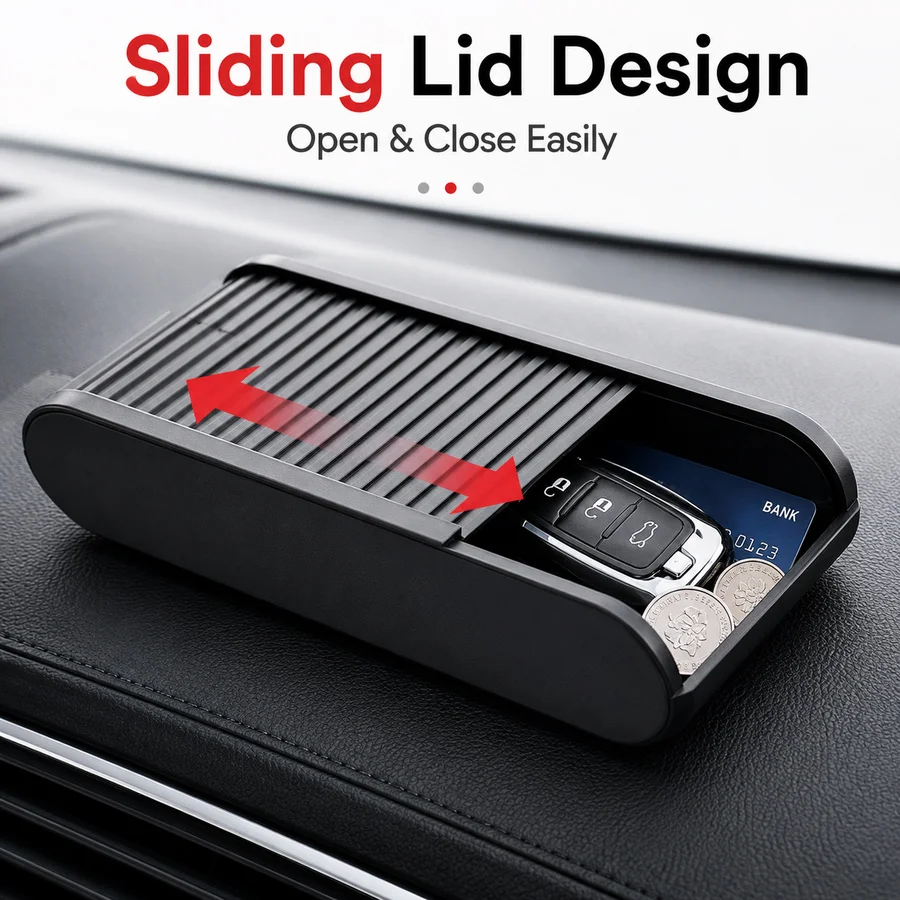 Scatola portaoggetti per console centrale auto con coperchio scorrevole, organizer per cruscotto per occhiali, monete, carte e chiavi - immagine 3