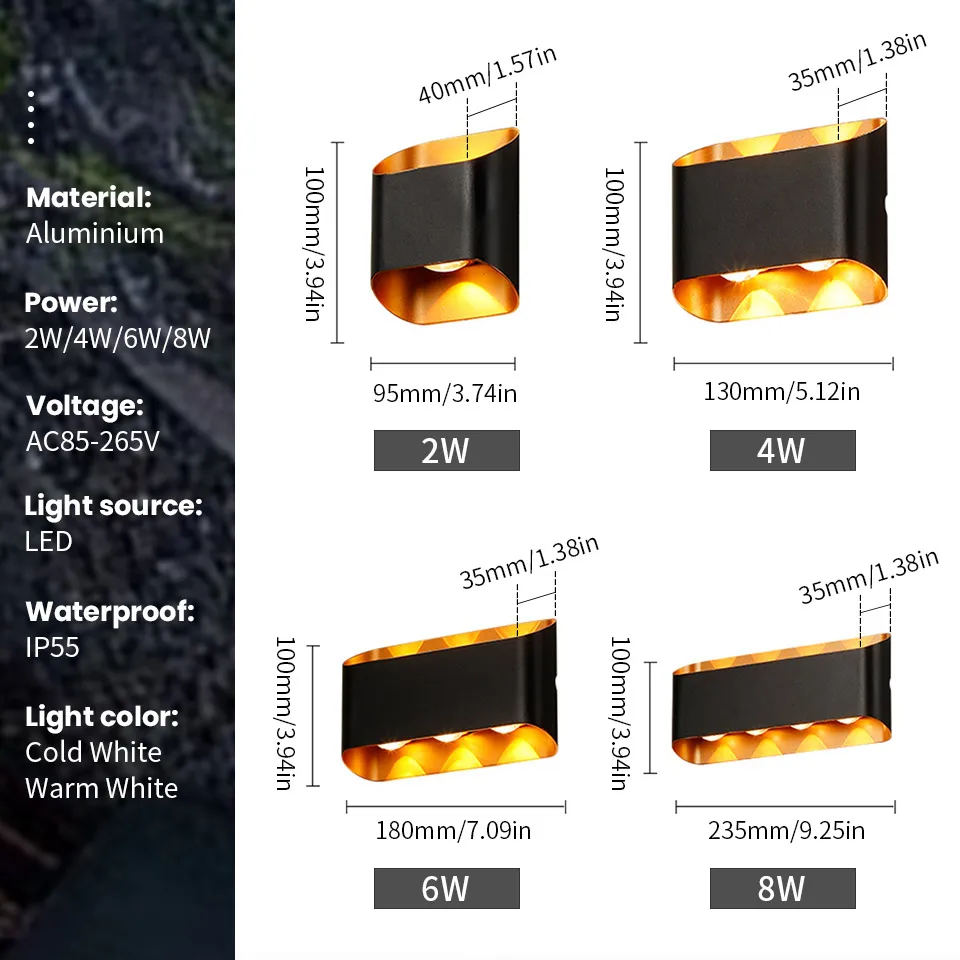 Aluminium LED Wall Lamp Waterproof IP55 Indoor Outdoor Lamp Garden Lights for Living Room Hallway Bedroom Decor