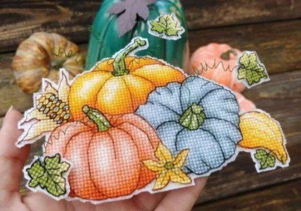 Kreuzstich-Set mit Rosen-Stickerei, Baumwollfaden, Handstickerei, DIY-Stoffhandwerk, 6 Kürbis-Kühlschrankmagnete 26–20