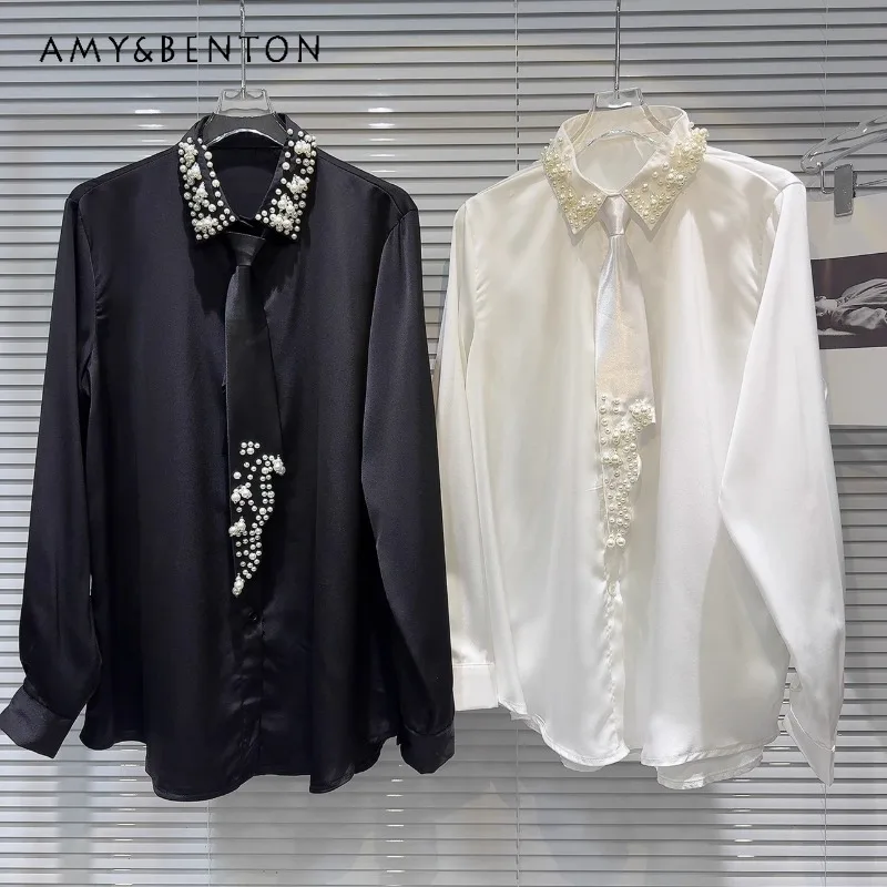 2024 New Spring Dark Lady Heavy Industries Pearl Stud Beaded Tie Satin Solid Color Shirts Women's Long Sleeved Top Blouse Mujer