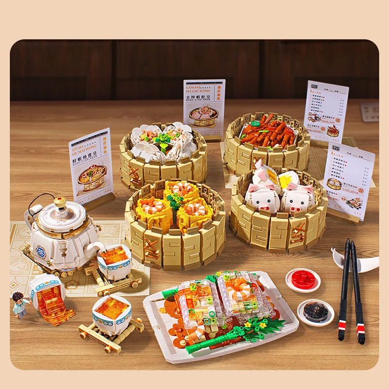 

MOC Traditional Chinese Dim Sum Mini Cantonese Food Building Blocks Morning Tea Dumpling Rice Rolls Figures Bricks Kids Gifts