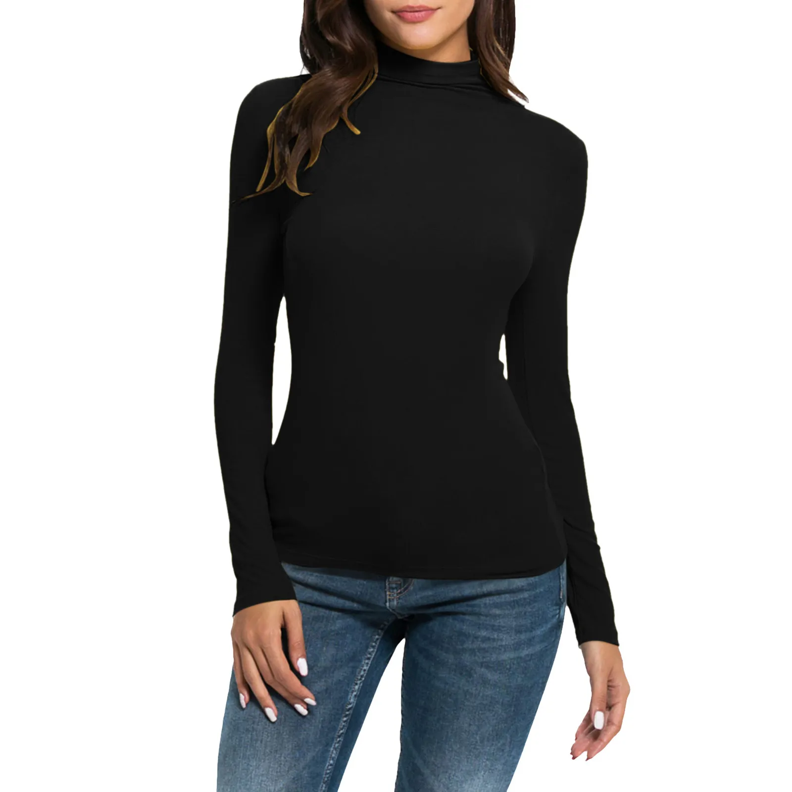Womens Long Sleeve Turtleneck T Shirts Sexy Slim Fitted Casual Basic Tee Tops Solid Color Stretch T-Shirt Ladies Clothes 3
