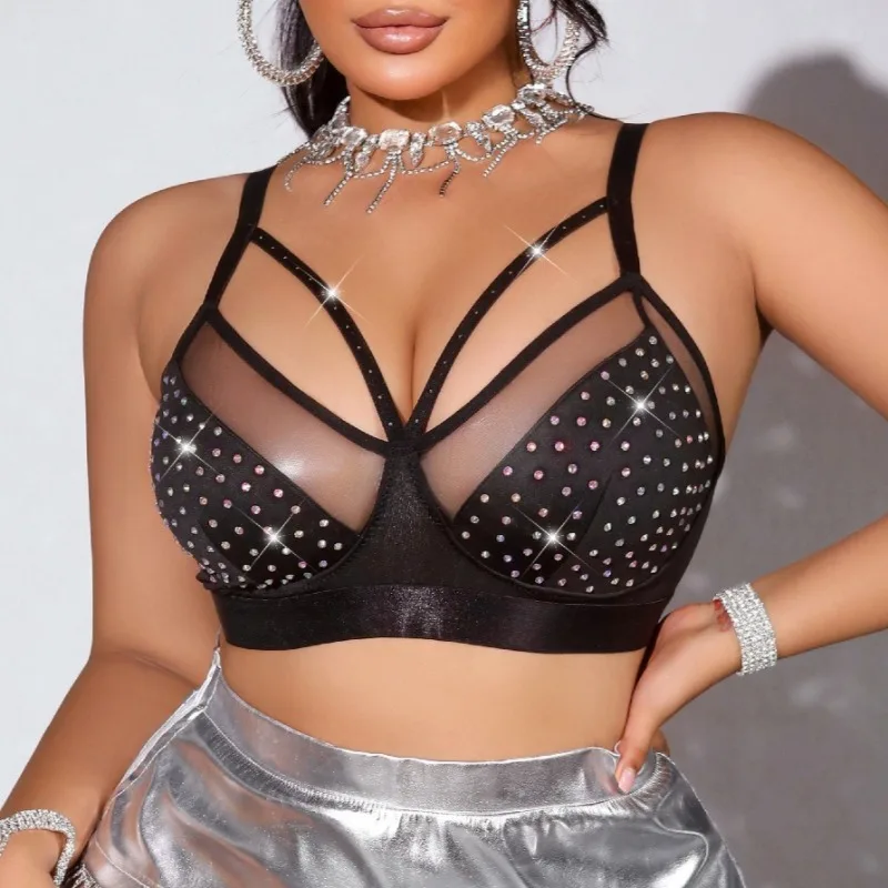 Sexy Women Lace Sheer Shiny Diamond Bra Non Padded Push Up Lingerie Female Breathable Plus Size Underwear