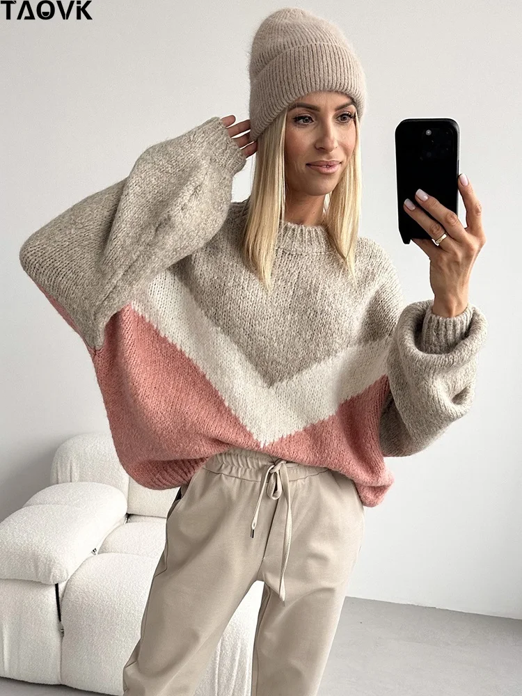 

TAOVK Women Sweaters Casual O-neck Contrast Spliced Pullovers Batwing Sleeves Patchwork Knitwear Autumn Winter Knitwear Jumpers