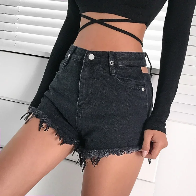 2024 New Women Sexy Hollow Denim Shorts High Waist Wide Leg Shorts Fashion New Slim Hip All-Match Casual Black Shorts for Female