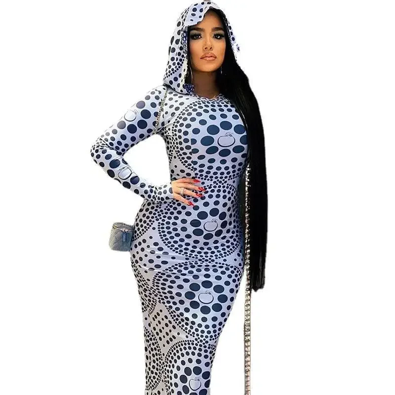 461011001 Fashionable dot print hooded long sleeved buttocks wrapped slim fitting dress for street trendy women