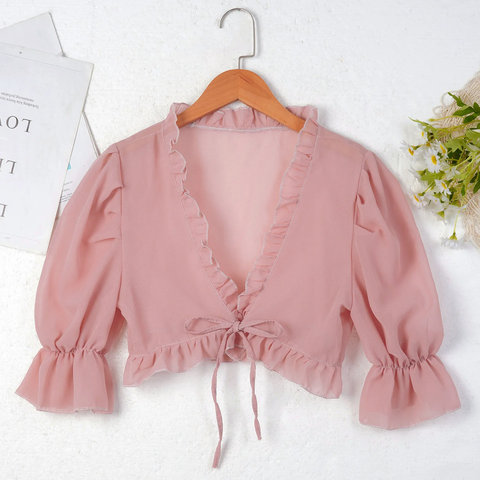 

Womens 3/4 Sleeve Chiffon Cardigan Bolero Summer Shrug Bridal Shawl Elegant Frilly Lace-up Wedding Wraps Cover Up