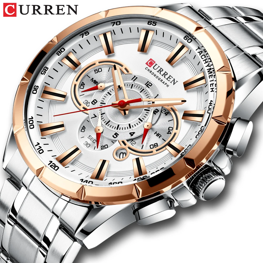 Men New CURREN Casual Sport Chronograph Men's Watch Stainless Steel Band Wristwatch Big Dial Quartz Clock with Luminous Pointers