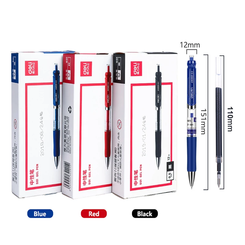 Deli Gel Pen Set 0.5mm Bullet Retractable Learning Writing Ballpoint Pens Ink color Blue Black Red School Office Stationery 6