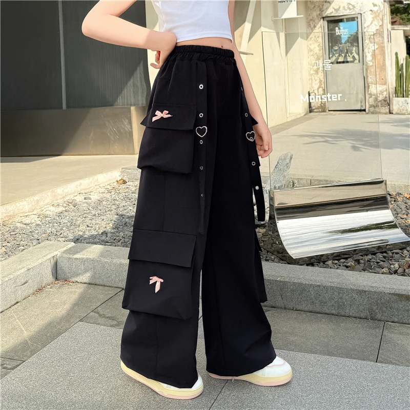 سروال كارجو أسود وردي عالي الجودة للأطفال مع جيب جانبي للفتيات المراهقات بنطلون هيب هوب عالي الموضة سروال رياضي للشارع للأطفال