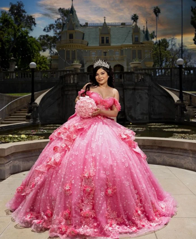Glitter Cathedral Train Princess Quinceanera Dressy Dreamy One Shoulder 3D Floral Applique Sweetheart A-Line Prom платье Custom