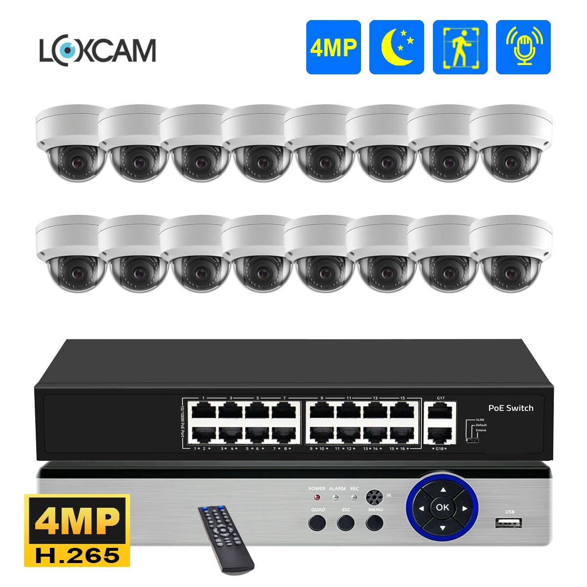 

H.265 2K POE NVR Kit 16CH Security Camera System 4MP AI Human Indoor Outdoor Vandal proof Nigh Vision Video Surveillance Set