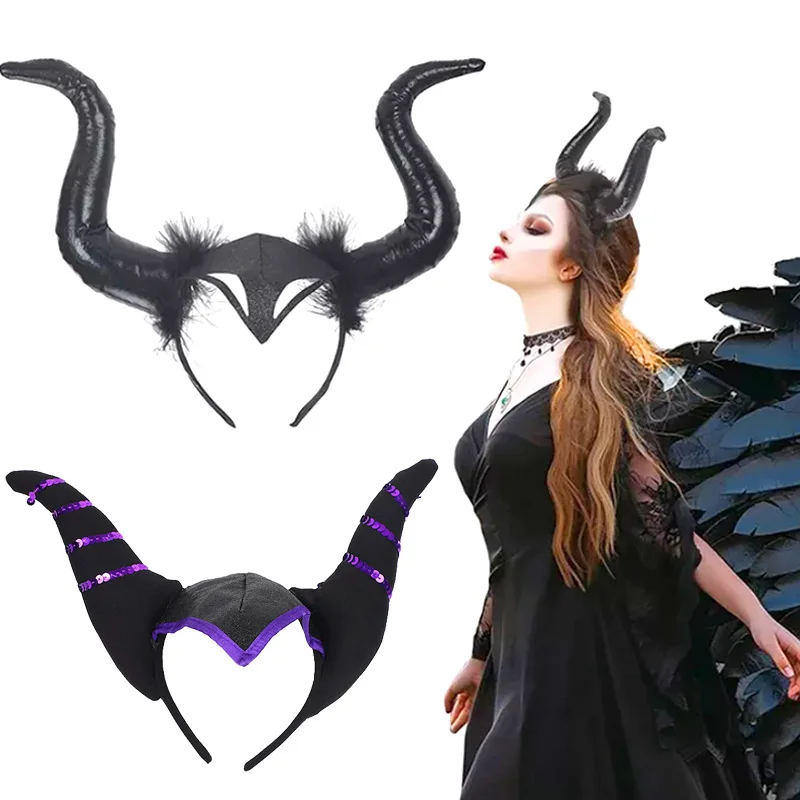 

2023 Halloween Devil Horn Headband Evil Queen Plush Cow Horn Hair Hoop Cosplay Evil Witch Headpiece Horror Party Costumes Props