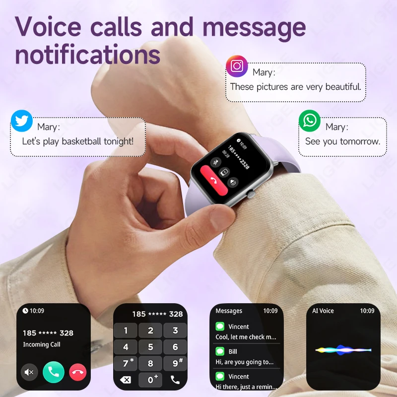 LIGE Fashion 1.83" HD Screen Smart Watch Women Bluetooth Call IP68 Waterproof Ladies Watches Daily Health Monitor Smartwatch New