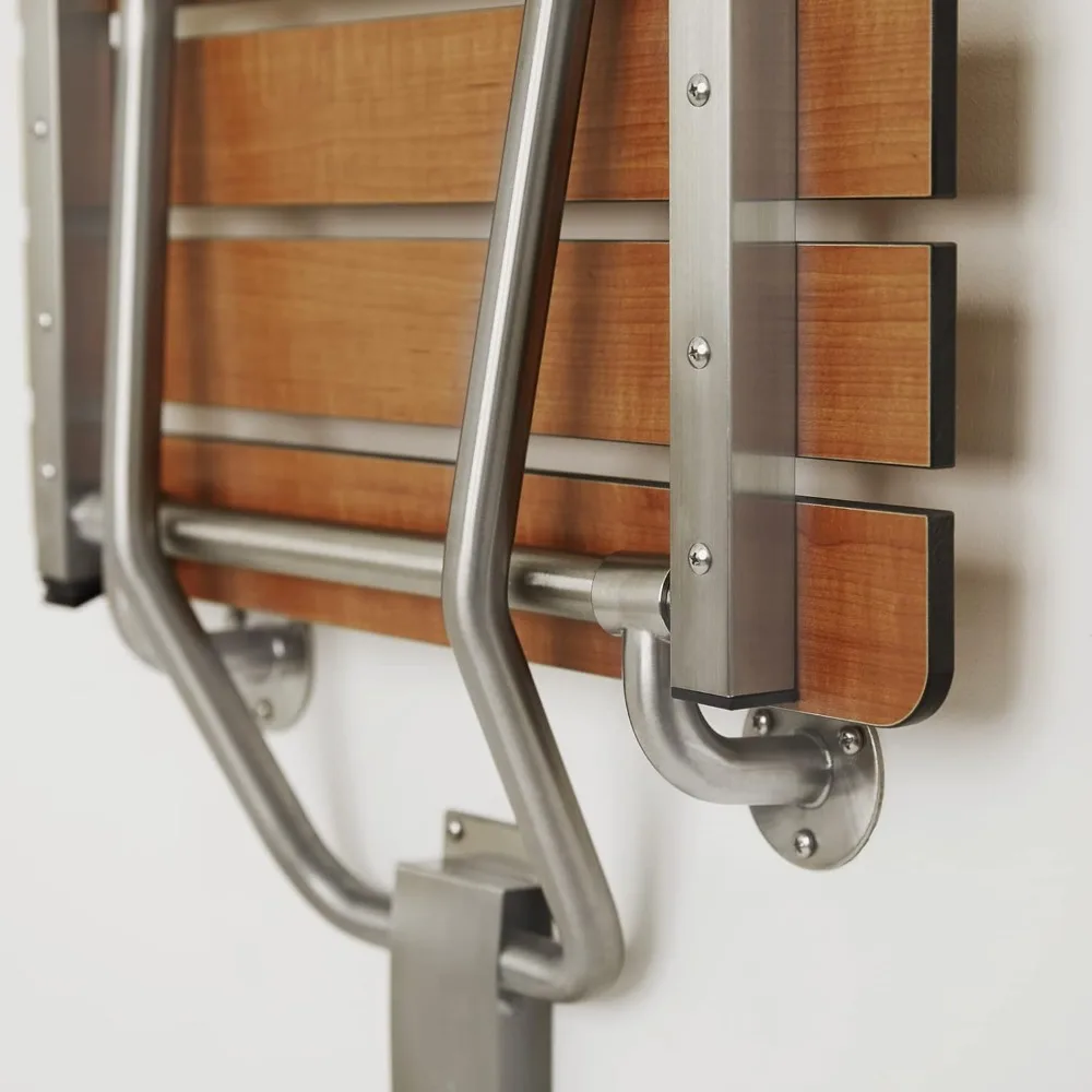 Brown wall mounted bathroom chair Folding Wall Mount Bathroom Shower Seat Bench, Teak Phenolic Seat Installed in the shower 5