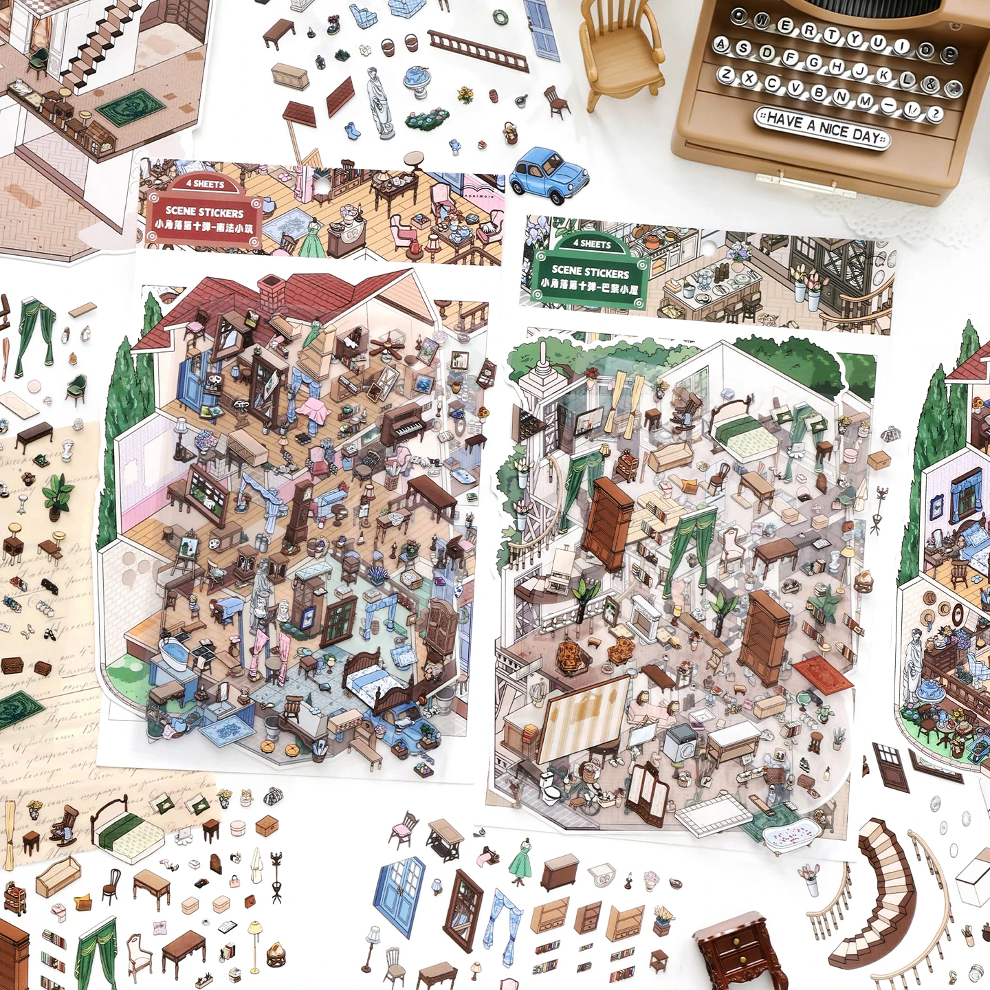 귀여운 빈티지 소형 건물 3D 프랑스 스타일 코티지 풍경 스티커 DIY 포켓 캐빈 장면 축제 선물