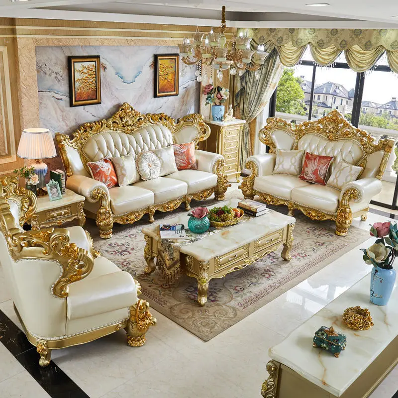 

European leather sofa 123 combination luxury living room large apartment high-end solid wood golden villa American sofa