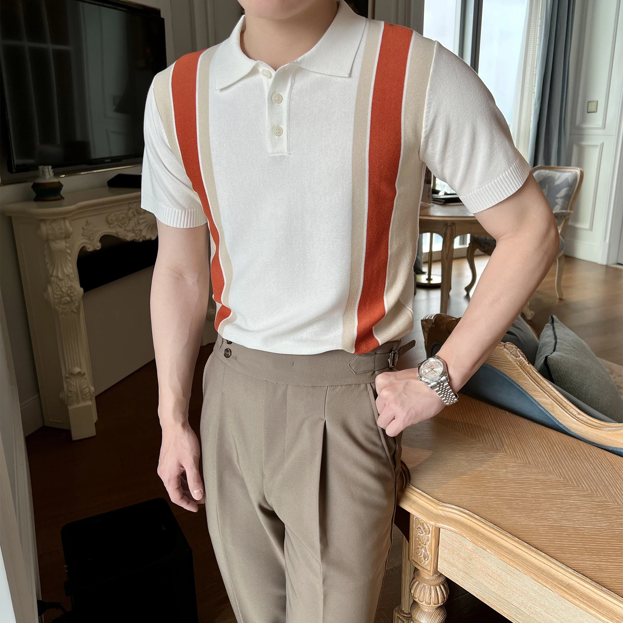 

2023 Spring Summer Men Short Sleeve Polo Contrast Stripes Lapel Top Korean Slim Knit Men Polo High Quality Tee Shirt Q80