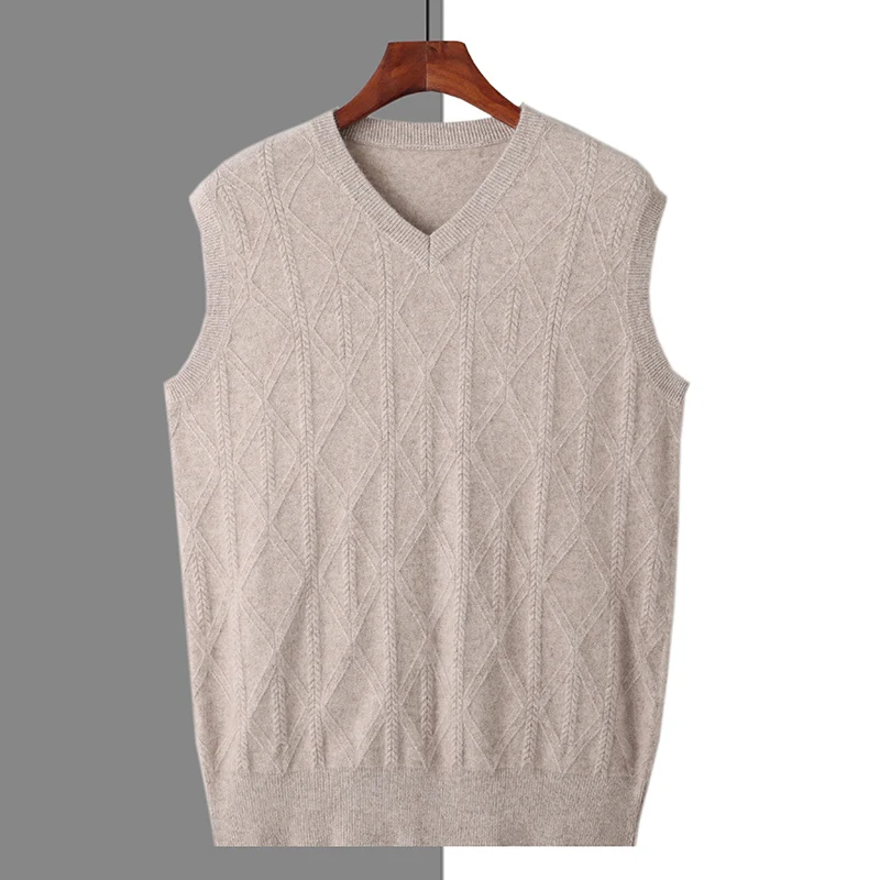 

Men's New 100% Pure Mink Cashmere Waistcoat V-Neck Jacquard Sleeveless Vest Casual Warm Knit Sweater Wear Base Coat Loose Jumper