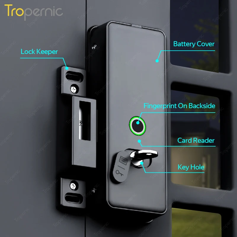 듀얼 지문 게이트 디지털 잠금, 핀 코드, RFID 카드 초인종, 기계식 키, 투야 앱, 12mm 두께 스틸 게이트 잠금 해제