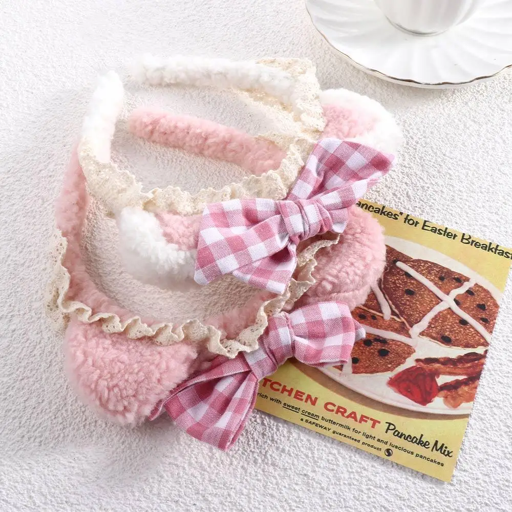 

Fashion Sweet Wash Face Headdress Plaid Bow Girls Women Accessories Lace Hair Band Korea Style Headband Cat Ears