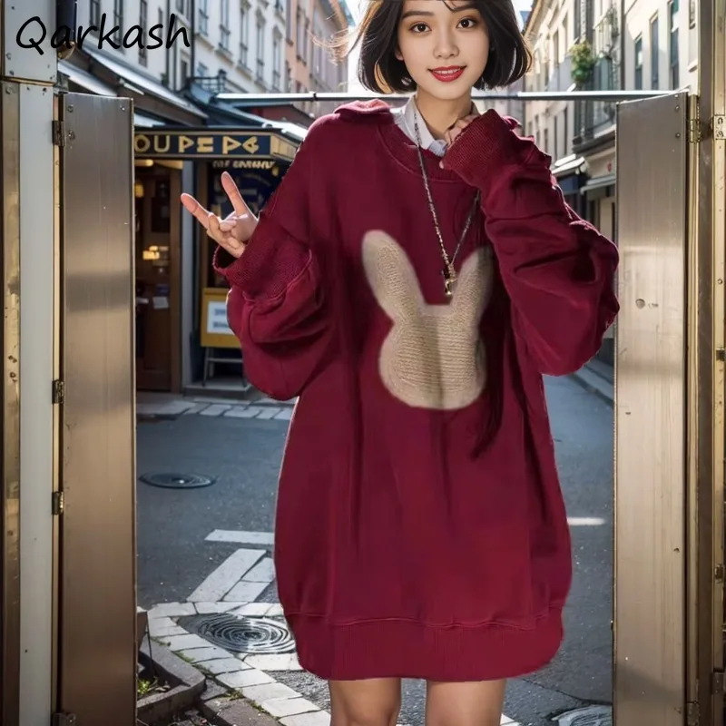 

O-neck Hoodies Women Burgundy Long-sleeve All-match Korean-style Plus Velvet Thicker Temperament Gentle Warm Cute Sweet Girls