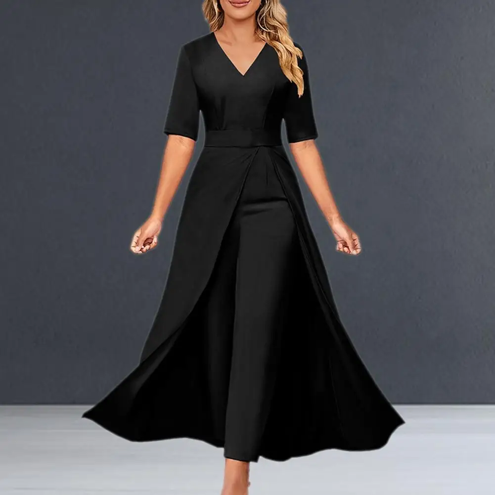 

Women V-neck Jumpsuit Elegant V-neck Jumpsuit with Short Sleeves Back Zipper Closure for Women Formal Ankle-length for Commute