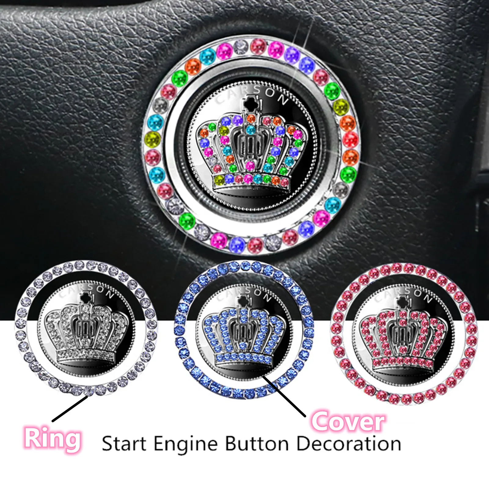 Car Crystal Rhinestone Bling Ring Crown Emblem Sticker Push Button Key Lgnition Starter & Knob Ring Car Interior Accessories 2 pcs retractable keychain rhinestone badge reel surface zinc alloy office id cards clip buckle nurse ring accessories for desk