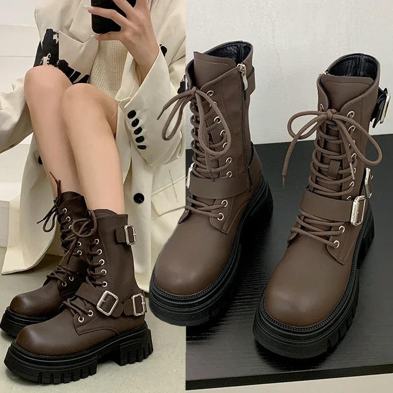 

Модные женские зимние ботинки в стиле панк, новинка 2023, женские ботинки с ремешком и пряжкой, модная и универсальная женская обувь на платформе