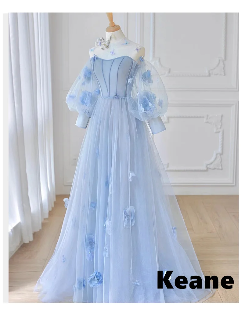 

Handmade Flowers Evening Dress Pleat Sky Blue Real Photo vestidos de festa Islamic Dubai Kaftan Saudi Arabic Evening Gown