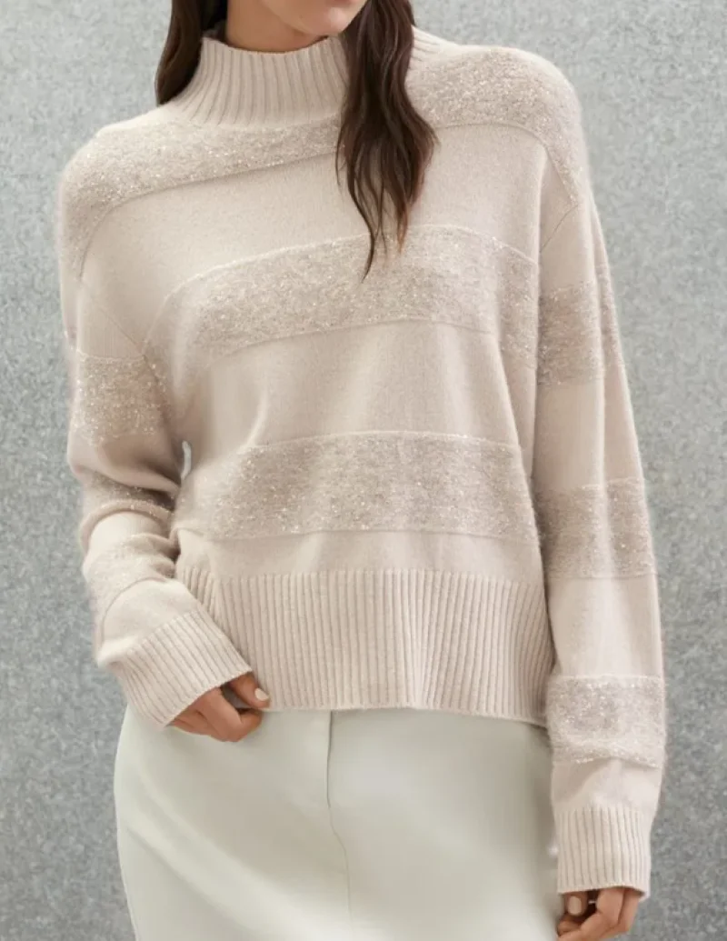 

Women Sequin Stripes Sweater Half Turtleneck Long Sleeve Casual Female Knitted 100% Cashmere Pullover