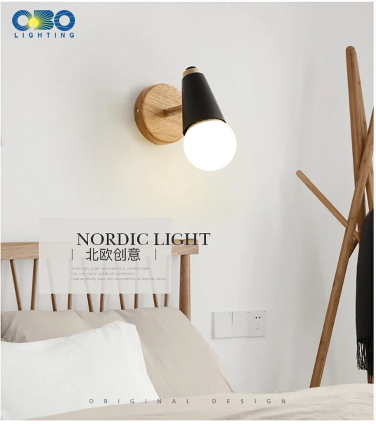 Description Picture 3 of itemModern Macaron Wall Lamp Iron Wood Mirror Light Bedside Bedroom Indoor Lighting E27 Light Bulb Retro LED Wall Light Nordic